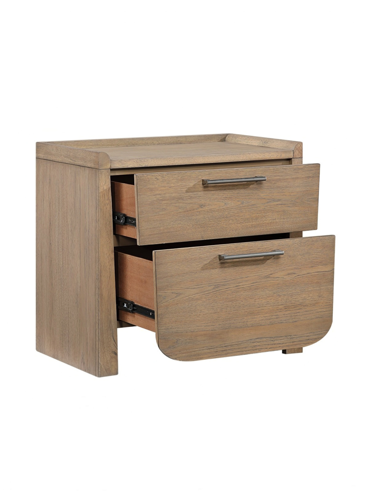 Table de chevet TOCO Meubles Samora en bois brun clair avec deux tiroirs et poignées en nickel
