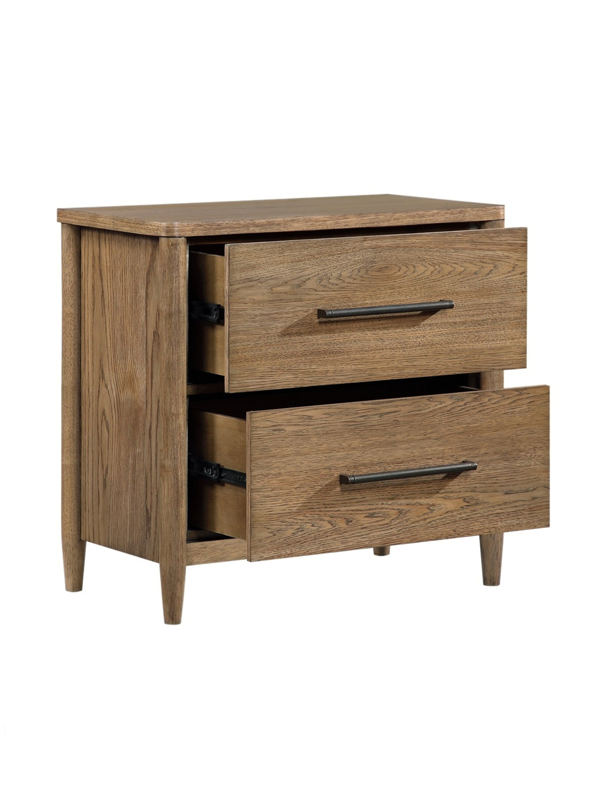 Table de chevet TOCO Meubles Noria en placage de hickory brun avec deux tiroirs et poignées en nickel antique