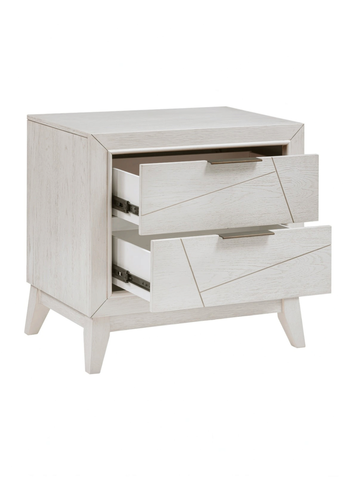 Table de chevet TOCO Meubles Iris en bois blanc antique avec deux tiroirs à rainures géométriques et poignées noires