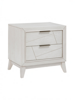Table de chevet TOCO Meubles Iris en bois blanc antique avec deux tiroirs à motifs géométriques et poignées noires