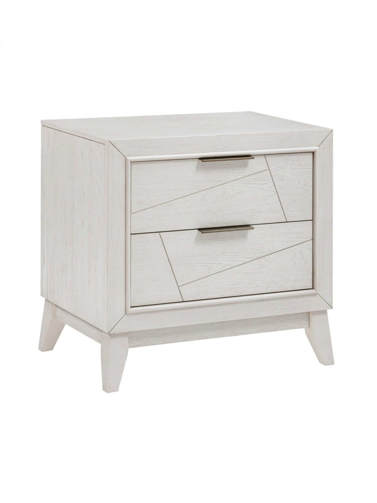 Table de chevet TOCO Meubles Iris en bois blanc antique avec deux tiroirs à motifs géométriques et poignées noires