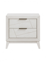Table de chevet TOCO Meubles Iris blanche antique avec deux tiroirs, rainures géométriques et poignées noir mat