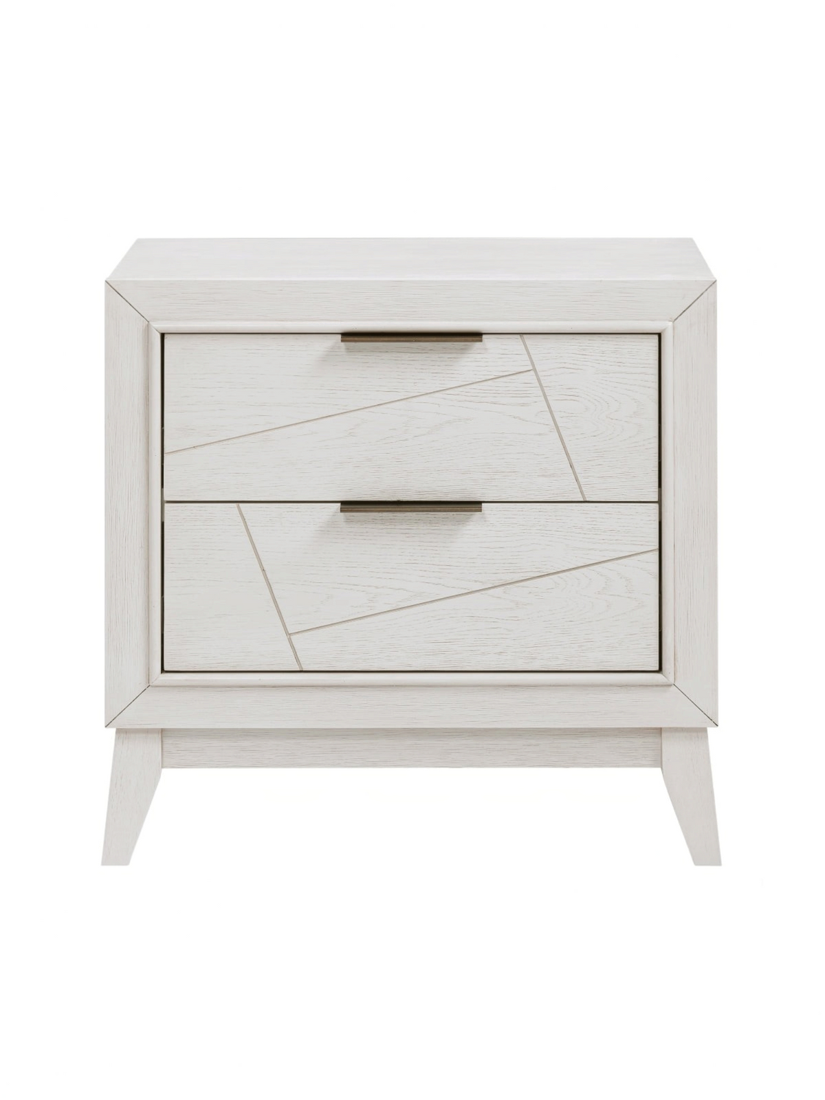 Table de chevet TOCO Meubles Iris blanche antique avec deux tiroirs, rainures géométriques et poignées noir mat