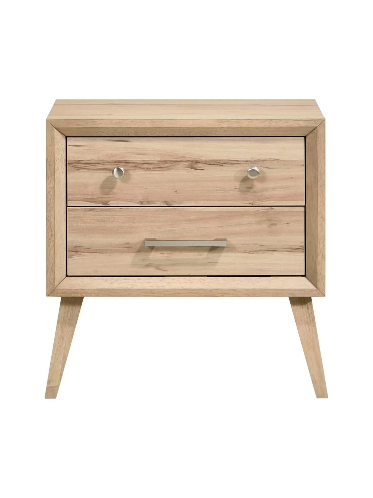 Table de chevet TOCO Meubles Joaquin en chêne naturel avec deux tiroirs et poignées en nickel brossé style moderne