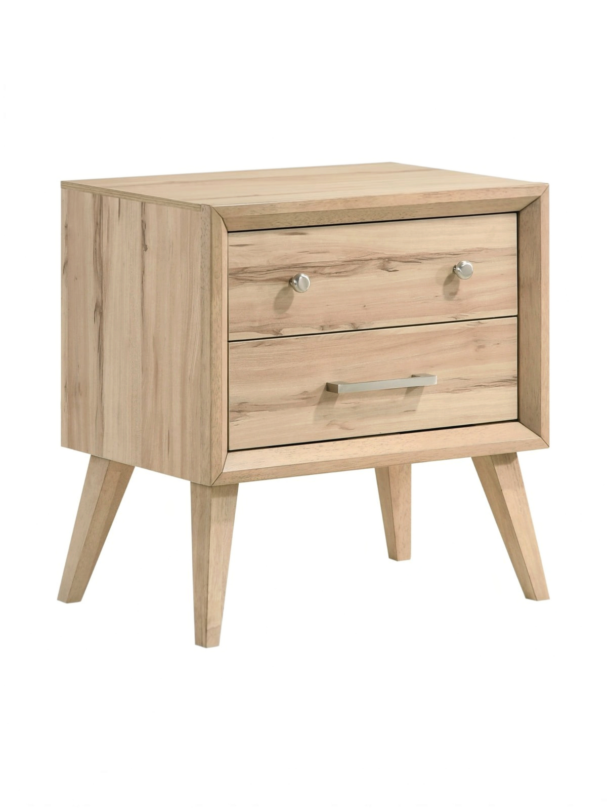 Table de chevet TOCO Meubles Joaquin en chêne naturel avec deux tiroirs et poignées en nickel brossé style moderne