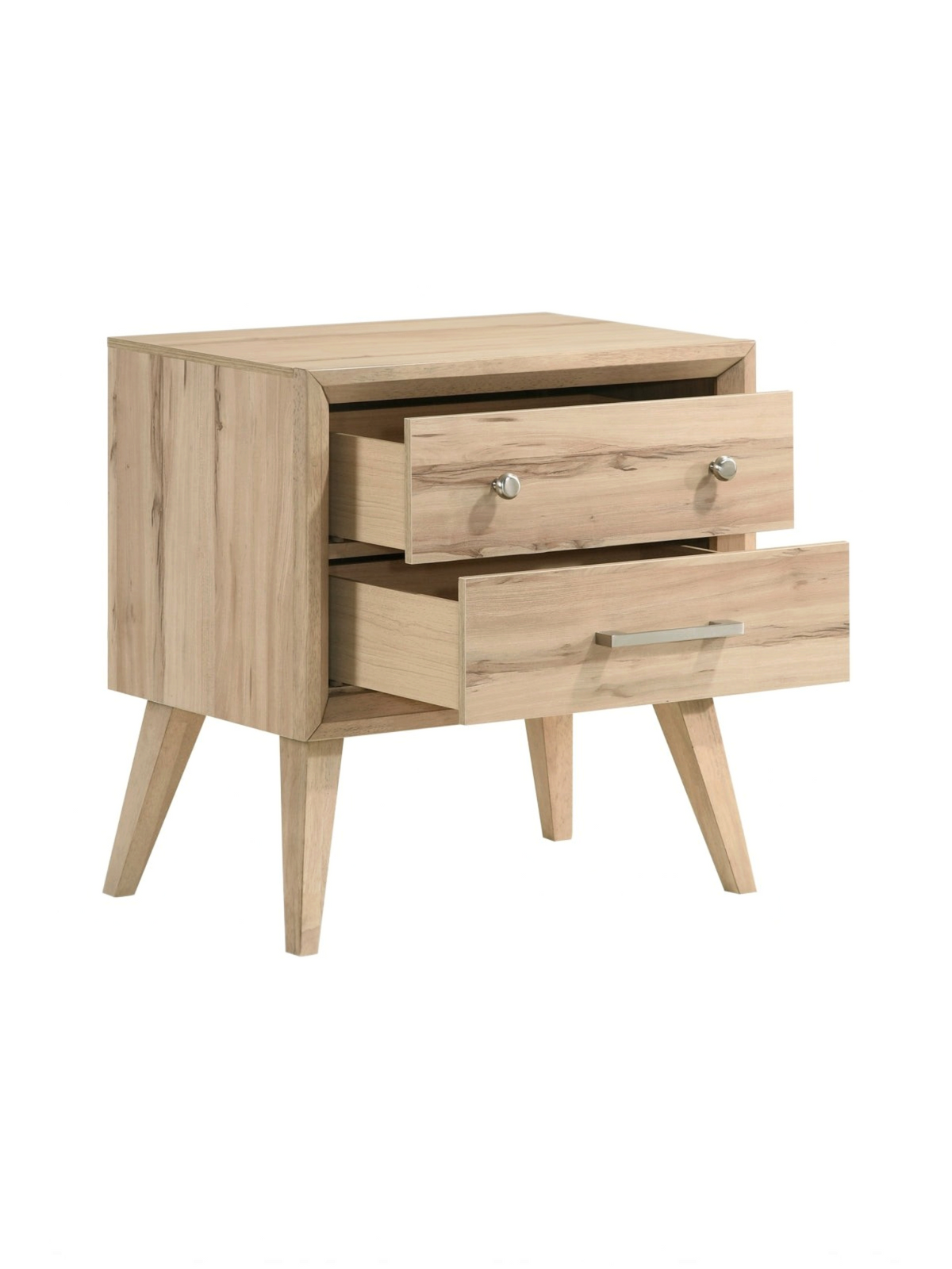 Table de chevet TOCO Meubles Joaquin en chêne naturel avec deux tiroirs et poignées en nickel brossé style moderne