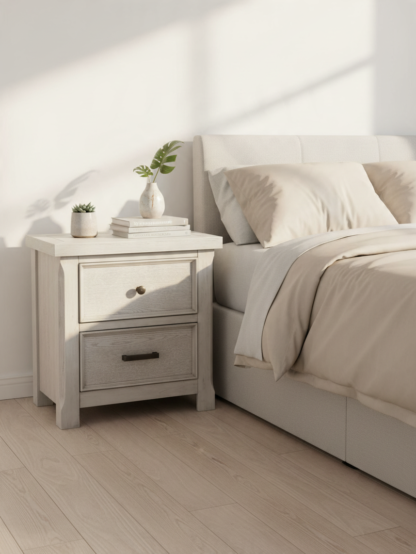Table de chevet Lucie TOCO Meubles en bois gris pâle avec deux tiroirs et poignées noires antiques dans une chambre