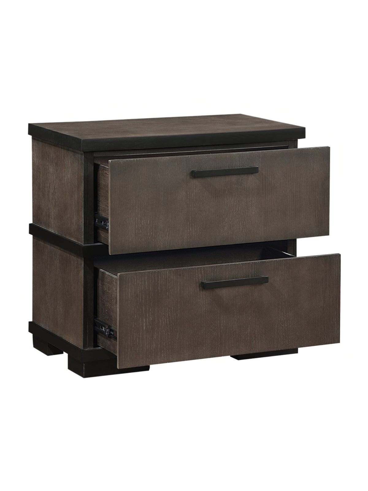 Table de chevet TOCO Meubles Marius en placage de chêne gris-brun et noir avec deux tiroirs et poignées minimalistes