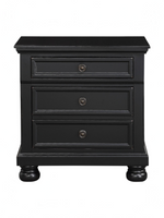 Table de chevet TOCO Meubles Margaux en bois noir effet usé avec trois tiroirs, boutons bronze et pieds boule