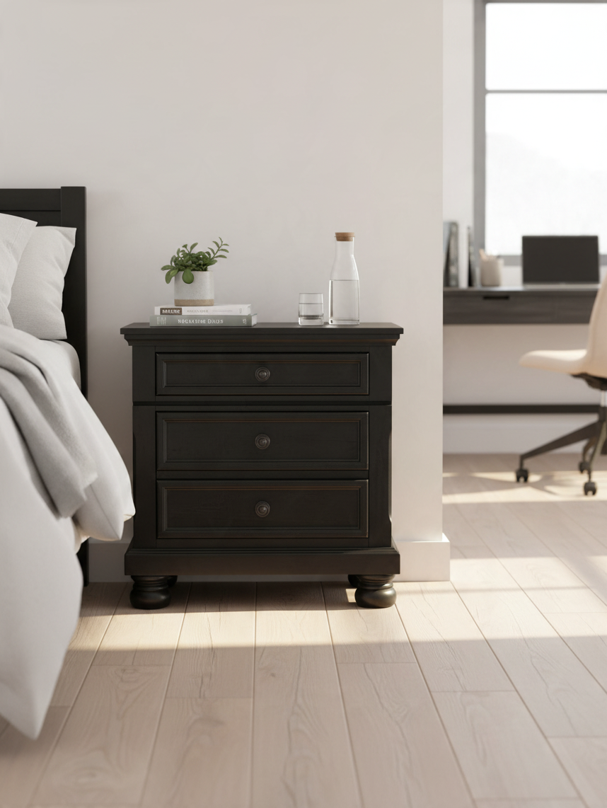 Table de chevet TOCO Meubles Margaux en bois noir effet usé avec tiroir caché, boutons bronze et pieds boule