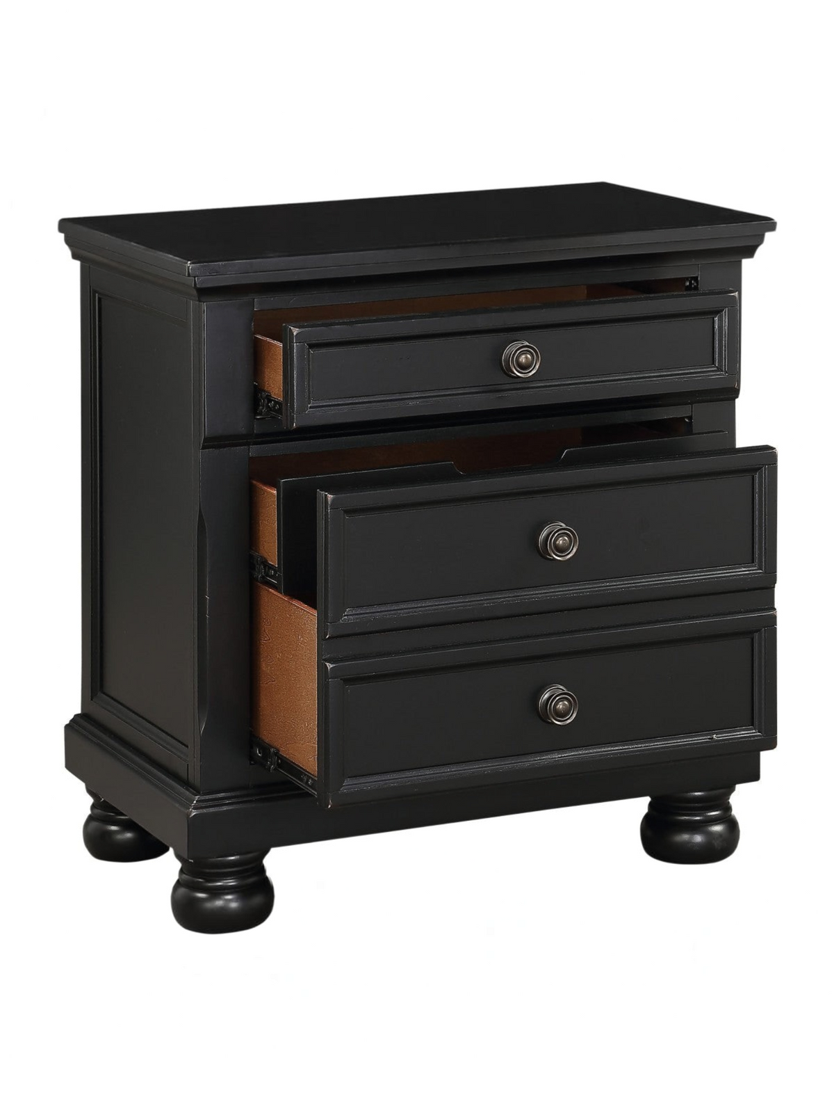 Table de chevet TOCO Meubles Margaux en bois noir effet usé avec tiroirs, boutons bronze antique et pieds boule