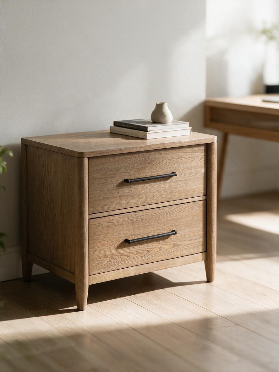 Table de chevet Noria par TOCO Meubles en placage de hickory brun avec deux tiroirs et poignées en nickel antique