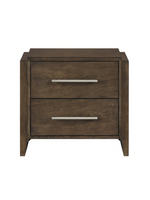 Table de chevet TOCO Meubles Edgar en bois d'hévéa noyer foncé avec deux tiroirs et poignées chromées modernes