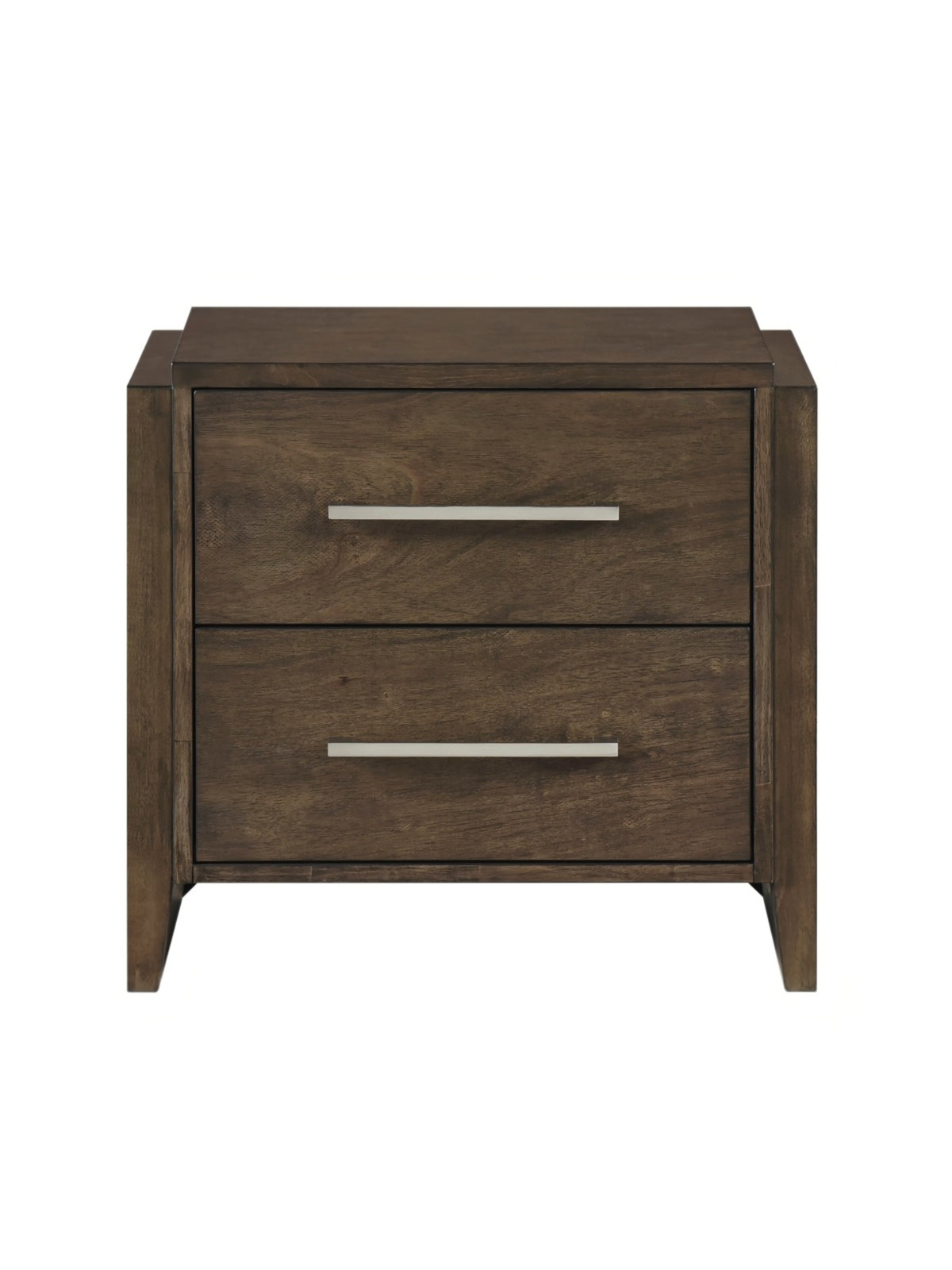 Table de chevet TOCO Meubles Edgar en bois d'hévéa noyer foncé avec deux tiroirs et poignées chromées modernes