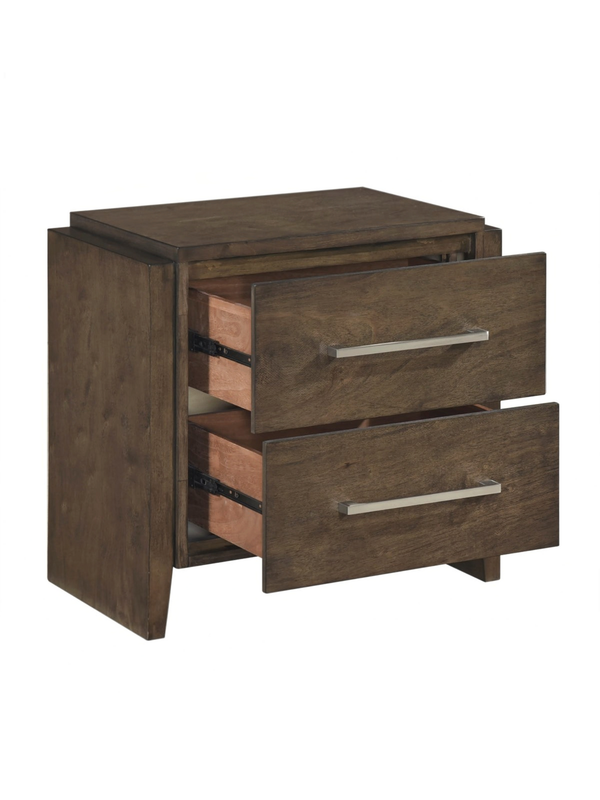 Table de chevet TOCO Meubles Edgar en bois d'hévéa massif noyer foncé avec deux tiroirs et poignées chromées