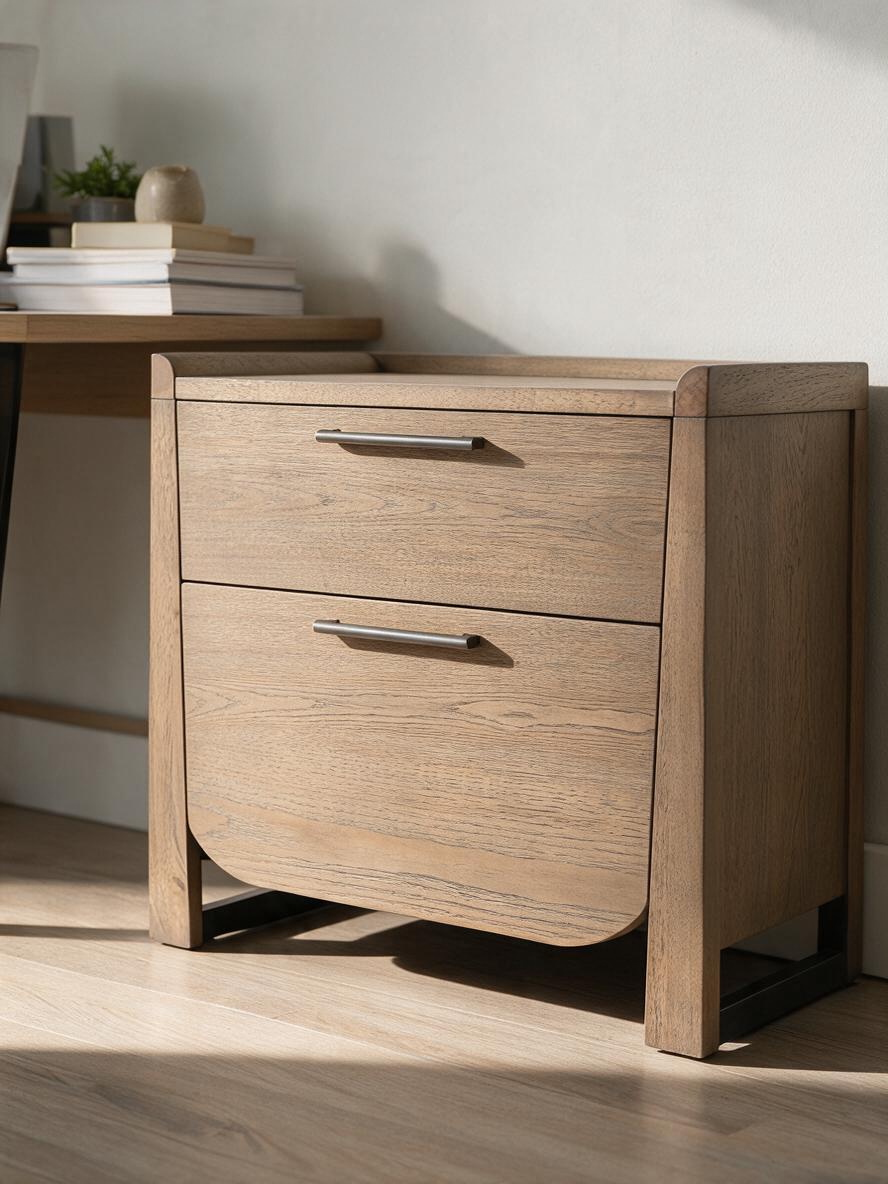 Table de chevet TOCO Meubles Samora en bois brun clair avec deux tiroirs et poignées modernes en nickel