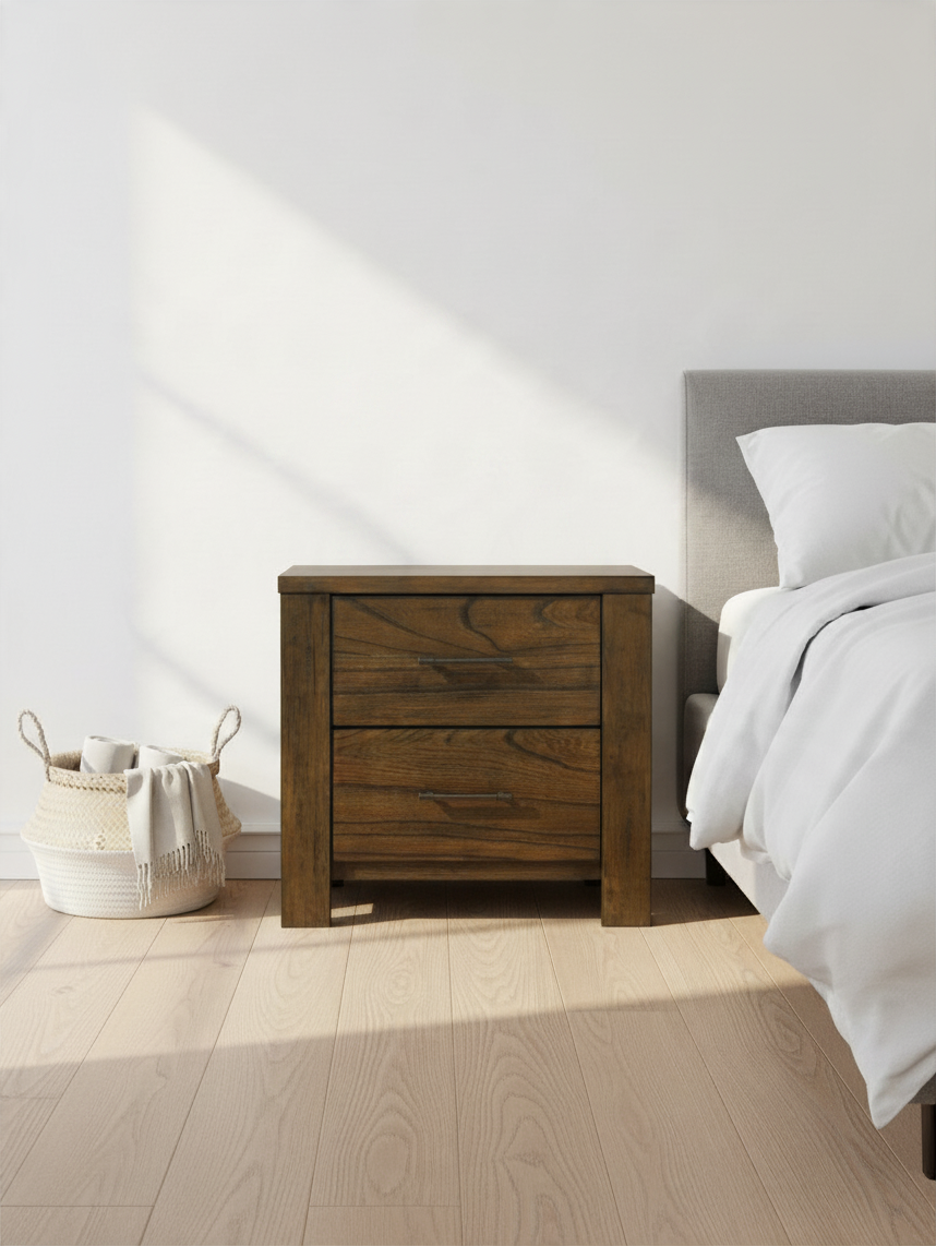Table de chevet TOCO Meubles Silas en bois de mindi fini chêne brossé avec deux tiroirs et poignées en métal brun