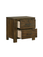 Table de chevet rustique TOCO Meubles Silas en placage de mindi fini chêne brossé avec deux tiroirs et poignées brunes