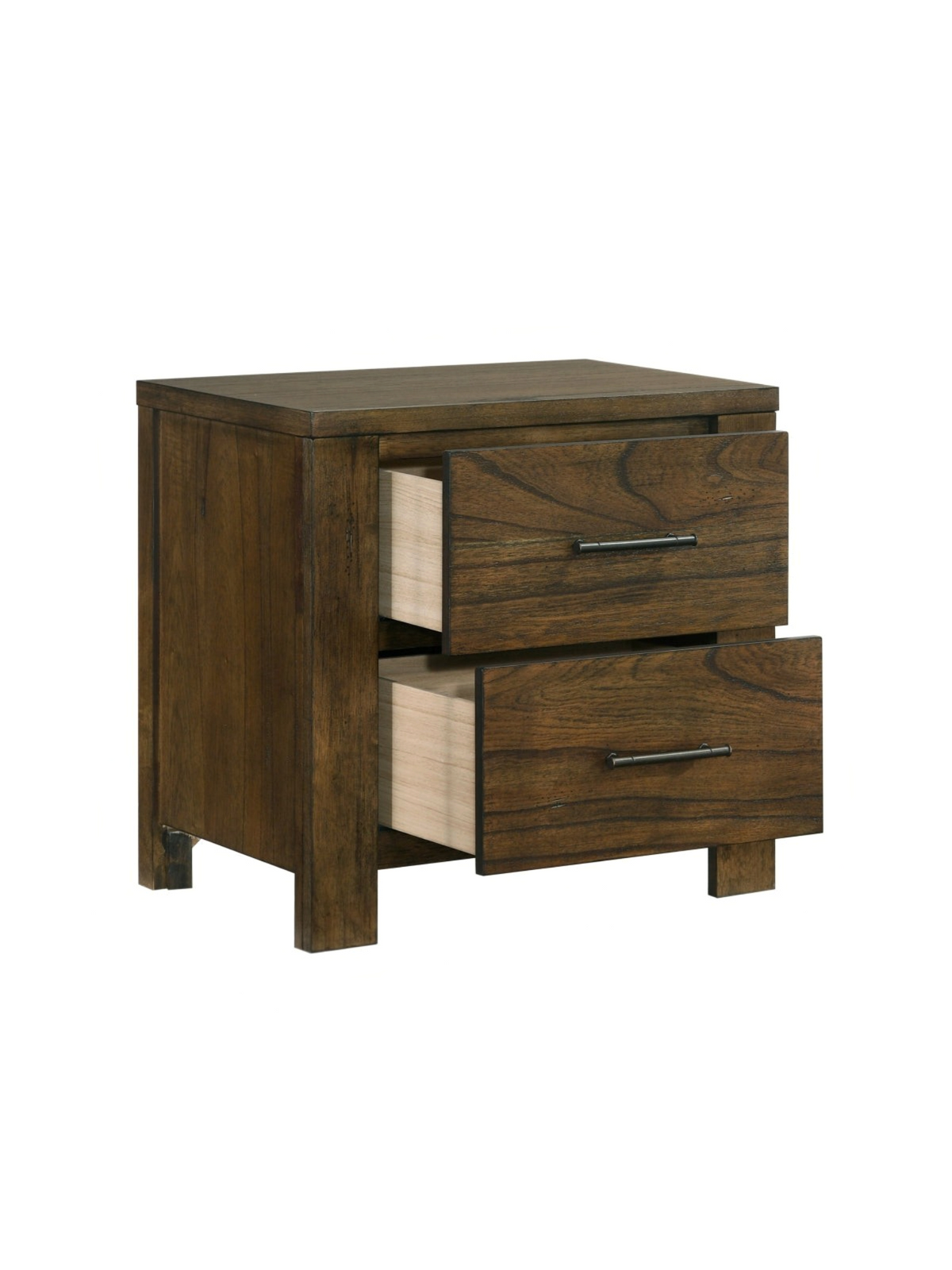 Table de chevet rustique TOCO Meubles Silas en placage de mindi fini chêne brossé avec deux tiroirs et poignées brunes