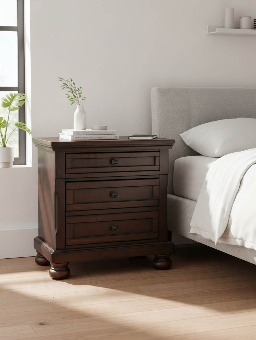 Table de chevet TOCO Meubles Talia en bois fini cerisier brun avec tiroirs, boutons bronze et pieds boule