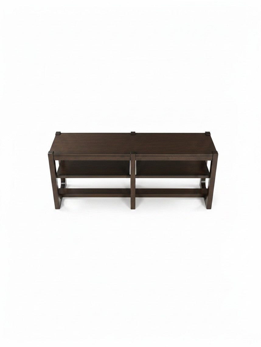 Table console TOCO Meubles Becki en bois brun foncé avec deux étagères de rangement, vue de dessus