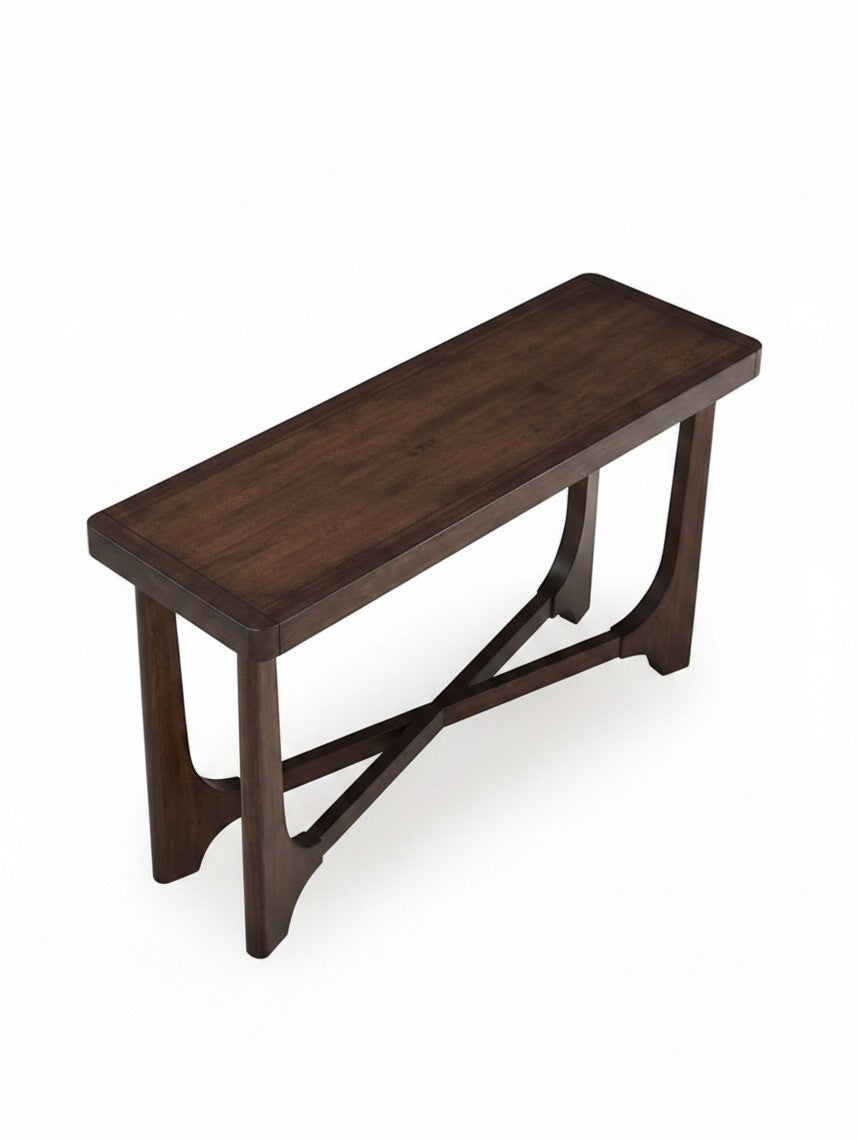 Table console Louma par TOCO Meubles en bois massif brun foncé avec pieds croisés élégants