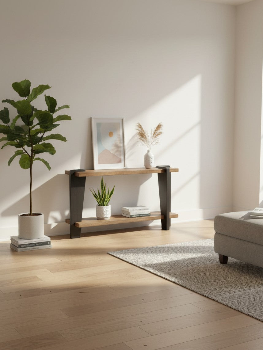 Table console Zenko TOCO Meubles en bois naturel avec pieds en métal noir dans un salon lumineux et moderne