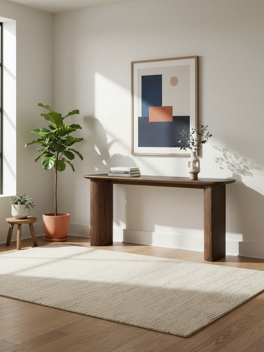Table console Donta TOCO Meubles en bois brun chaud avec pieds cylindriques massifs dans un salon moderne