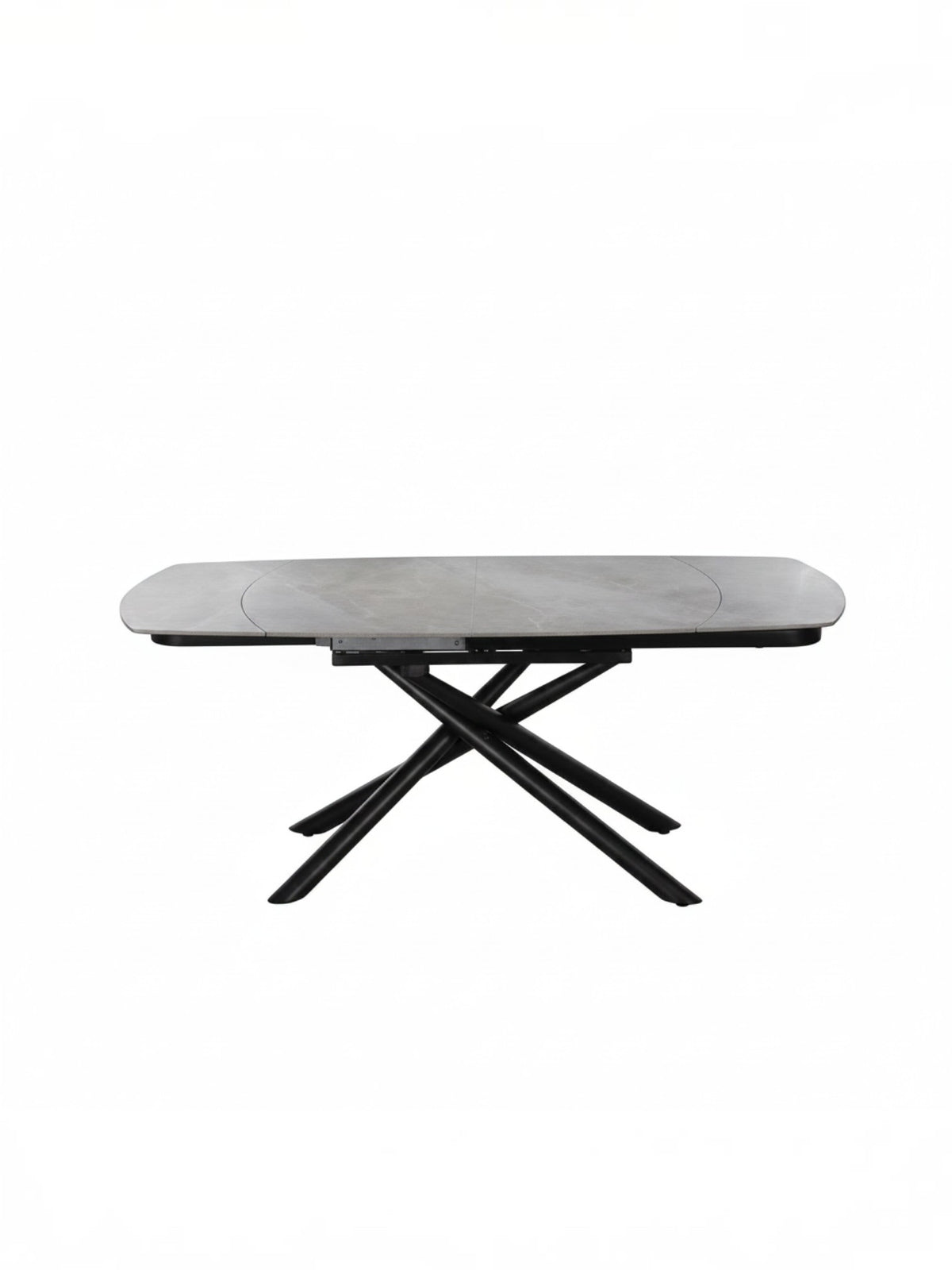 Table de cuisine TOCO Meubles Dramo avec plateau en pierre frittée grise et base en métal noir croisé