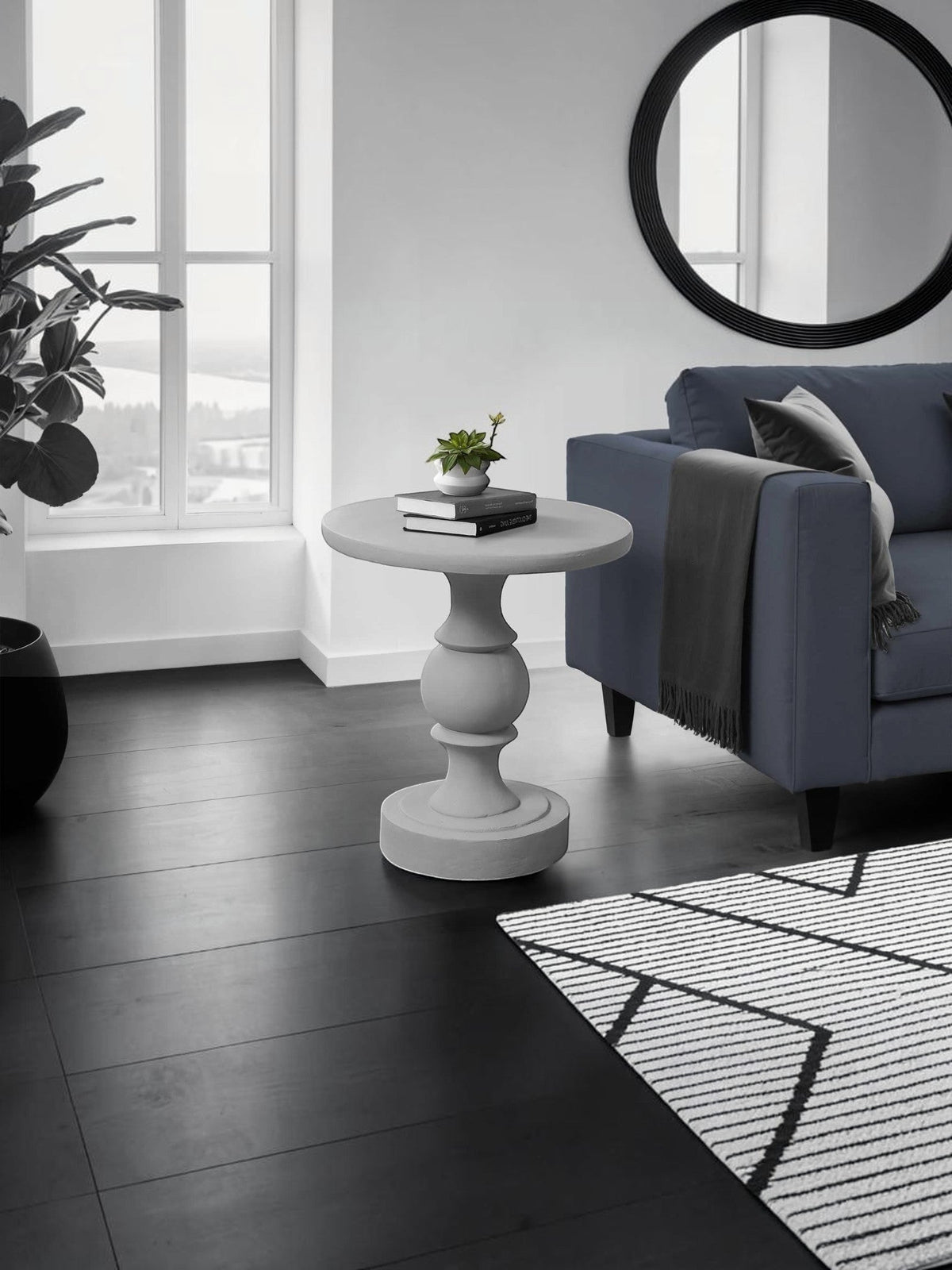 Table d'appoint Apolo grise en oxyde de magnésium, design rond et pied sculpté, par TOCO Meubles.