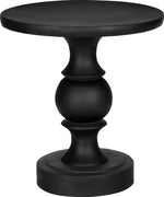 Table d'appoint Apolo noire en oxyde de magnésium, avec un design sculpté et une base ronde.