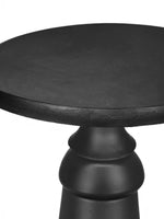 Table d'appoint Apolo noire en oxyde de magnésium, finition mate, design sur pied, idéale pour salon ou extérieur.