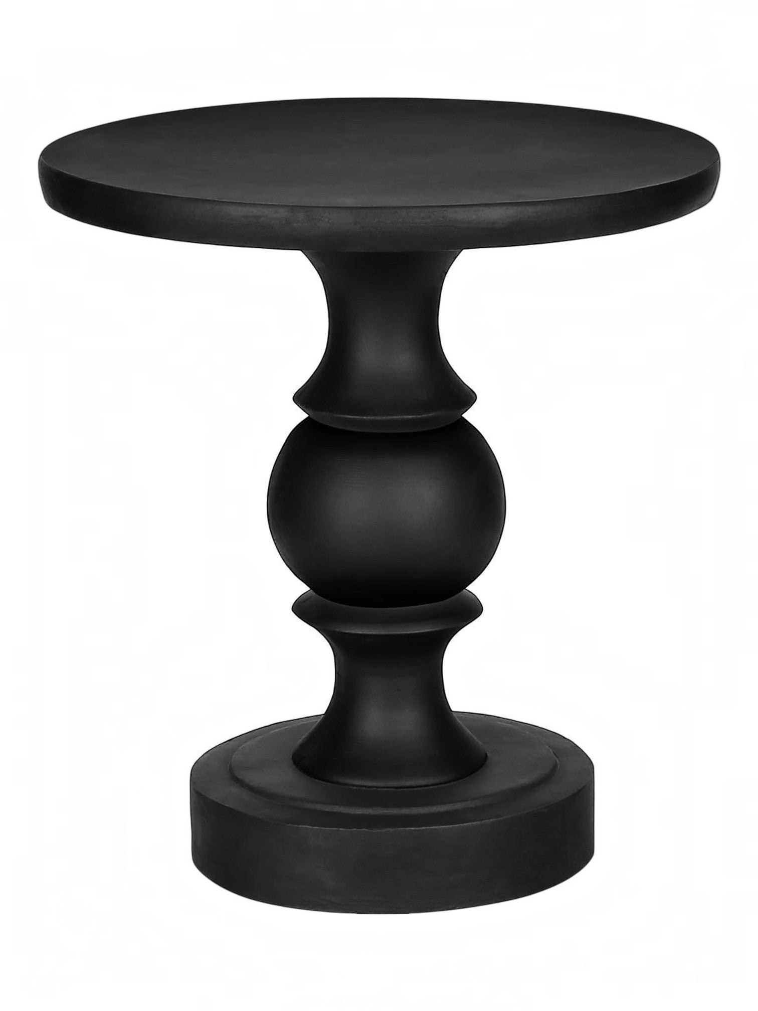 Table d'appoint Apolo noire en oxyde de magnésium, avec un design sculpté et une base ronde.