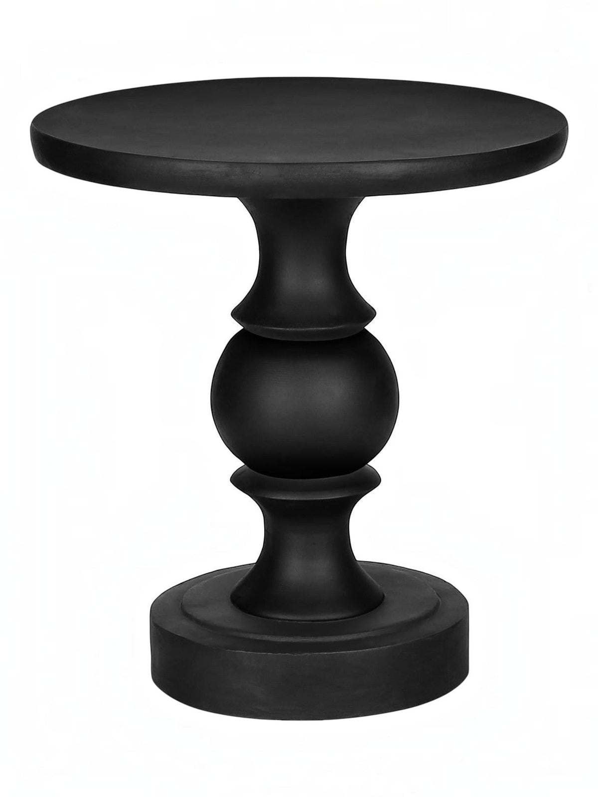 Table d'appoint Apolo noire en oxyde de magnésium, avec un design sculpté et une base ronde.