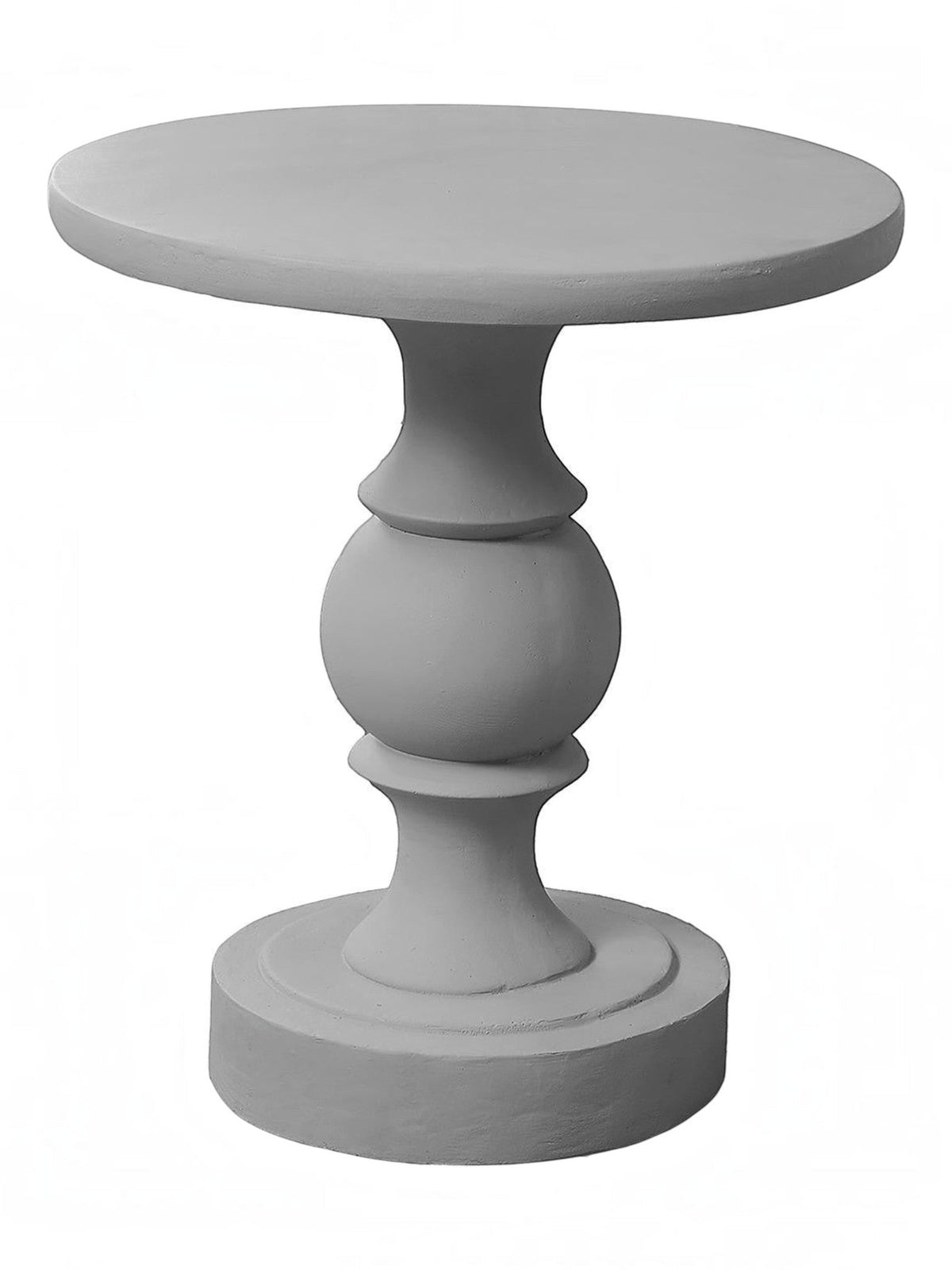 Table d'appoint ronde grise en oxyde de magnésium de TOCO Meubles, avec un pied sculpté et une base circulaire.