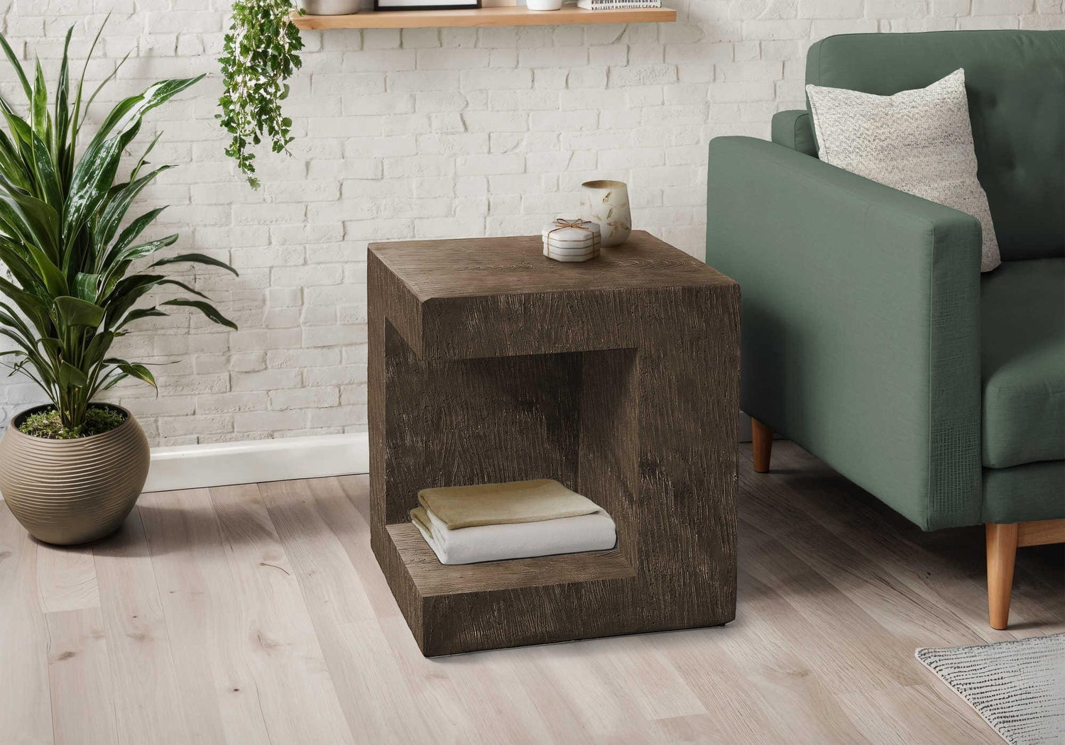 TOCO Meubles Table d'appoint Jupiter brun effet béton en oxyde de magnésium avec étagère intégrée.