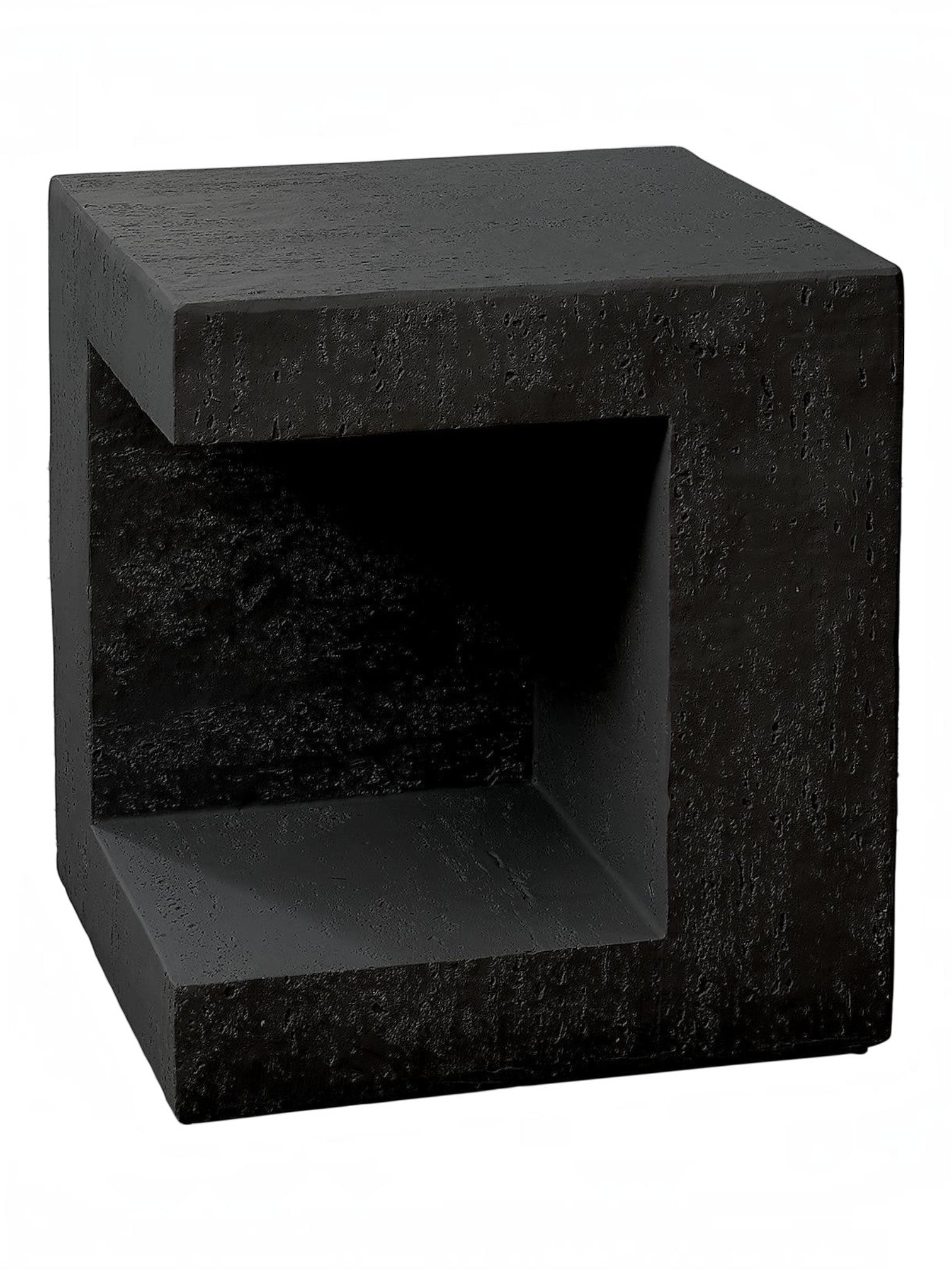 Table d'appoint cubique noire Jupiter en oxyde de magnésium avec découpe intégrée, finition effet béton.