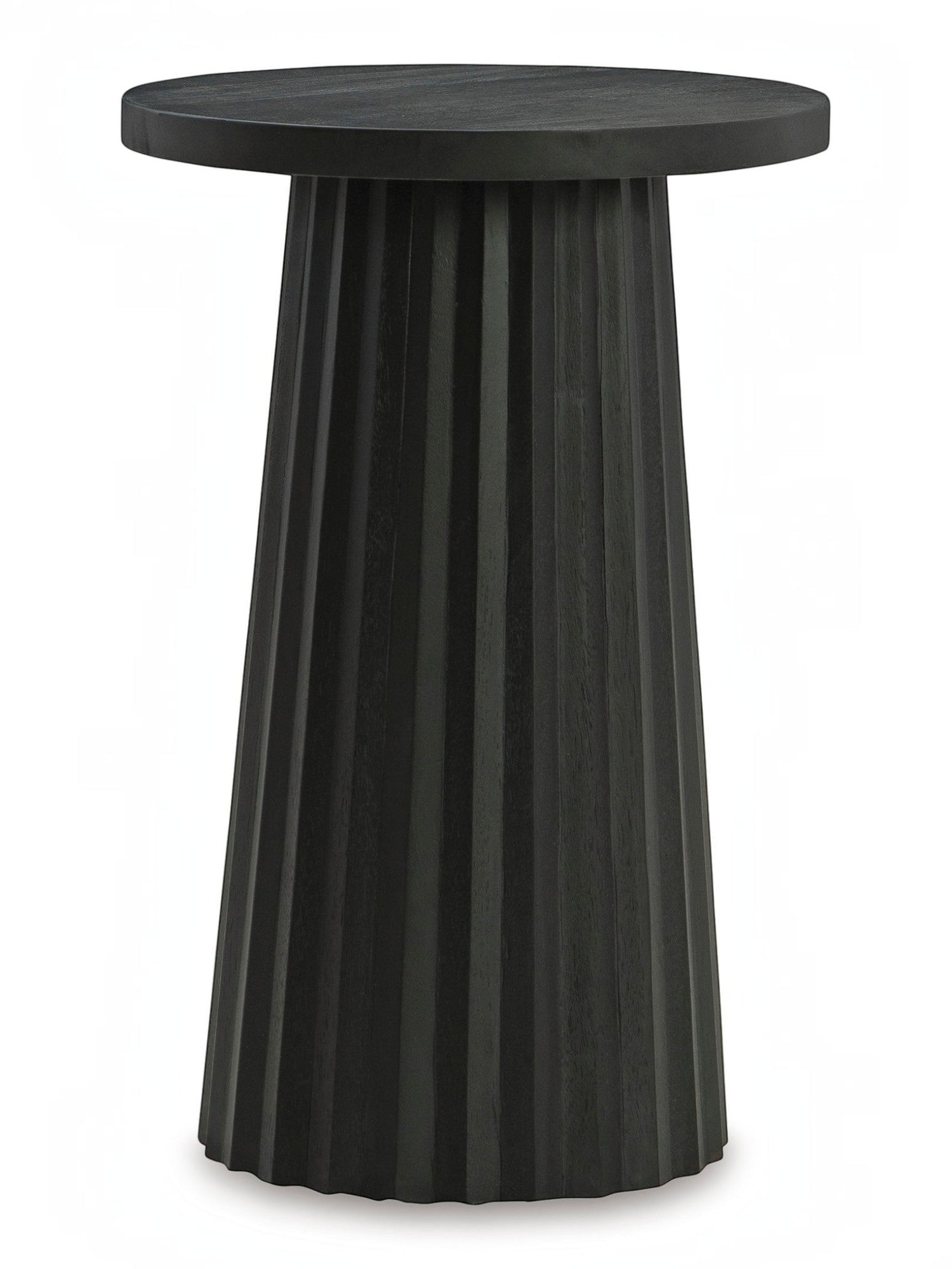 Table d'appoint ronde noire en bois massif TOCO Meubles avec base cannelée sculpturale, style contemporain.