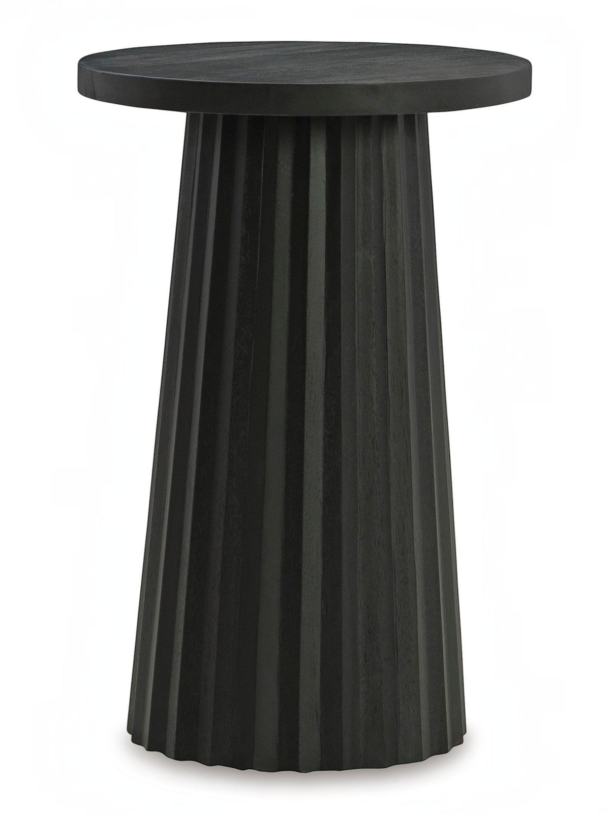 Table d'appoint ronde noire en bois massif TOCO Meubles avec base cannelée sculpturale, style contemporain.