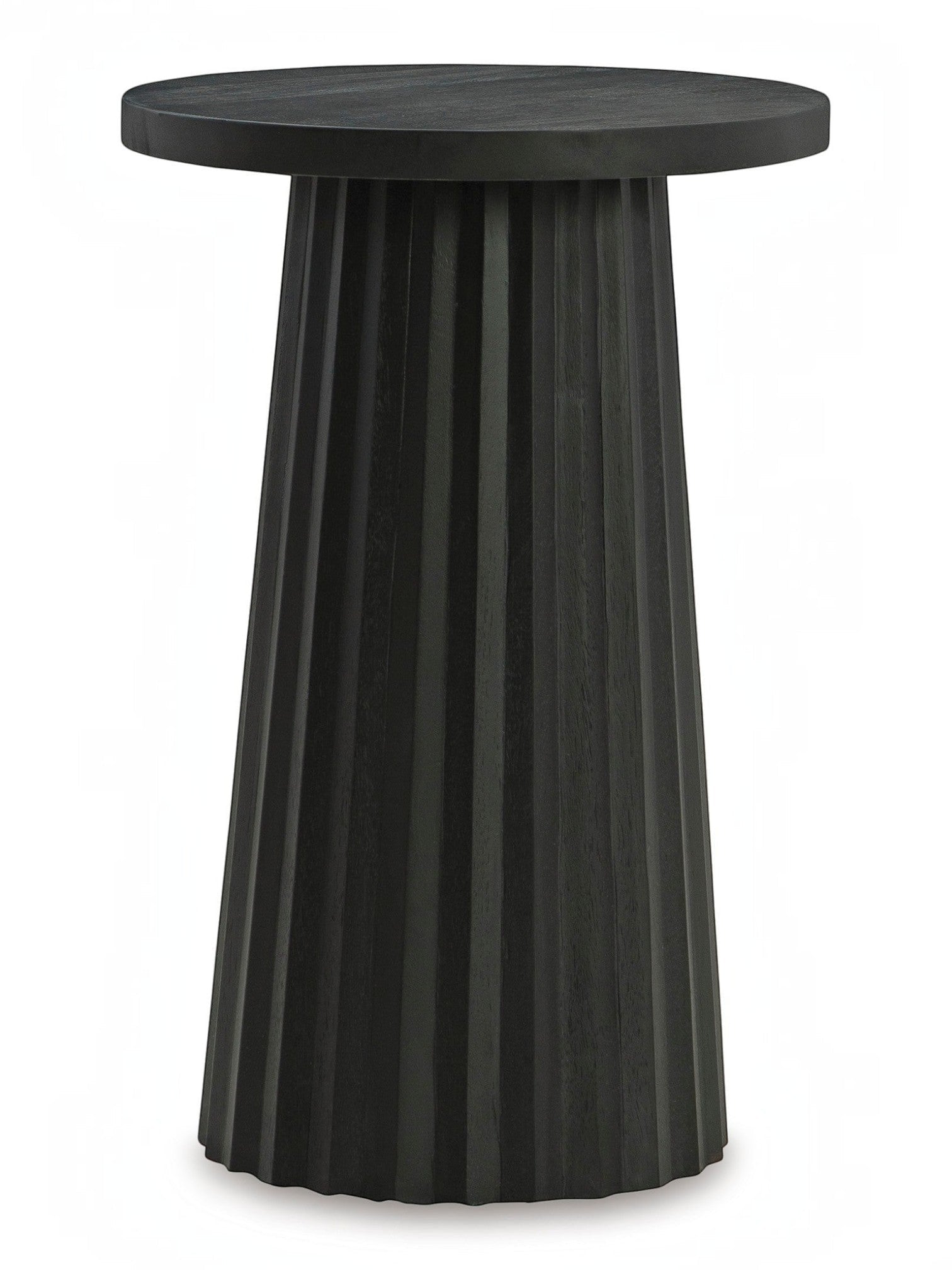 Table d'appoint ronde noire en bois massif TOCO Meubles avec base cannelée sculpturale, style contemporain.
