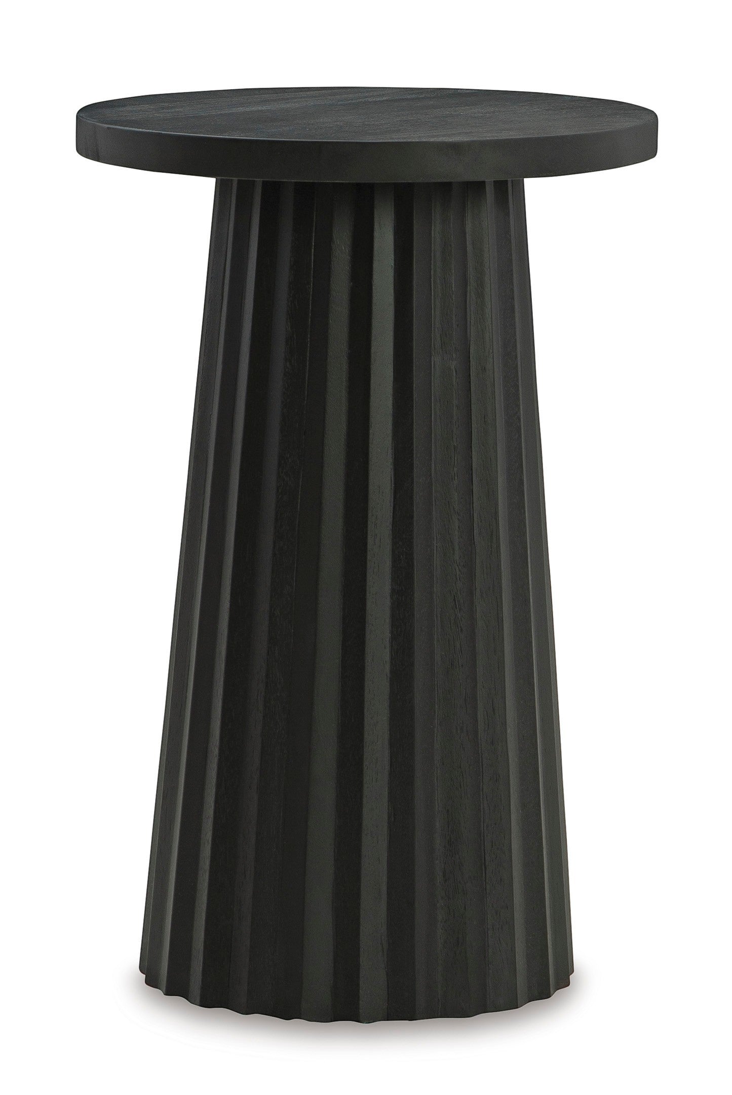 Table d'appoint ronde noire en bois massif TOCO Meubles avec base cannelée sculpturale, style contemporain.