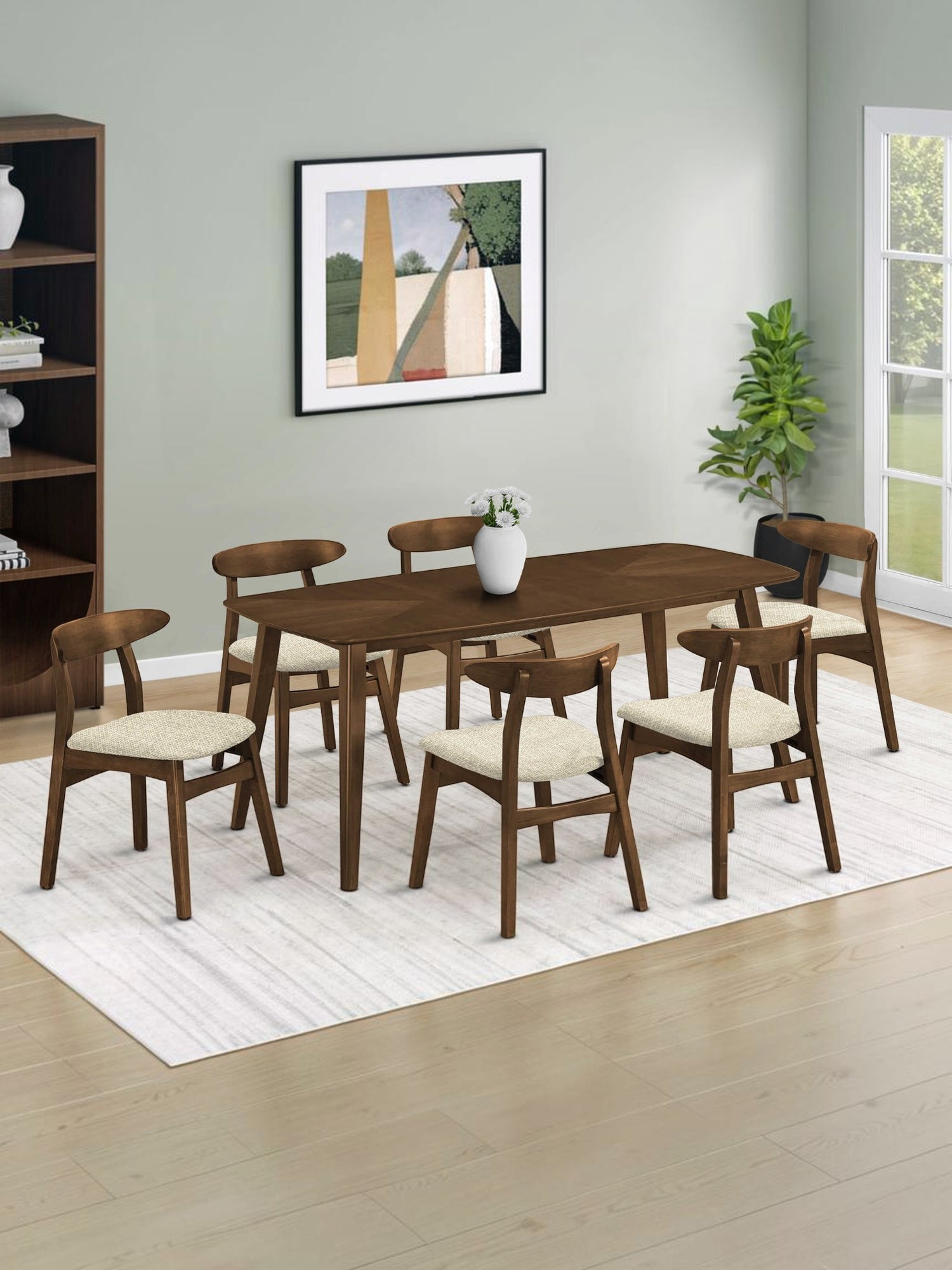 Ensemble de salle à manger TOCO Meubles Diane avec table en placage de noyer et six chaises en bois massif