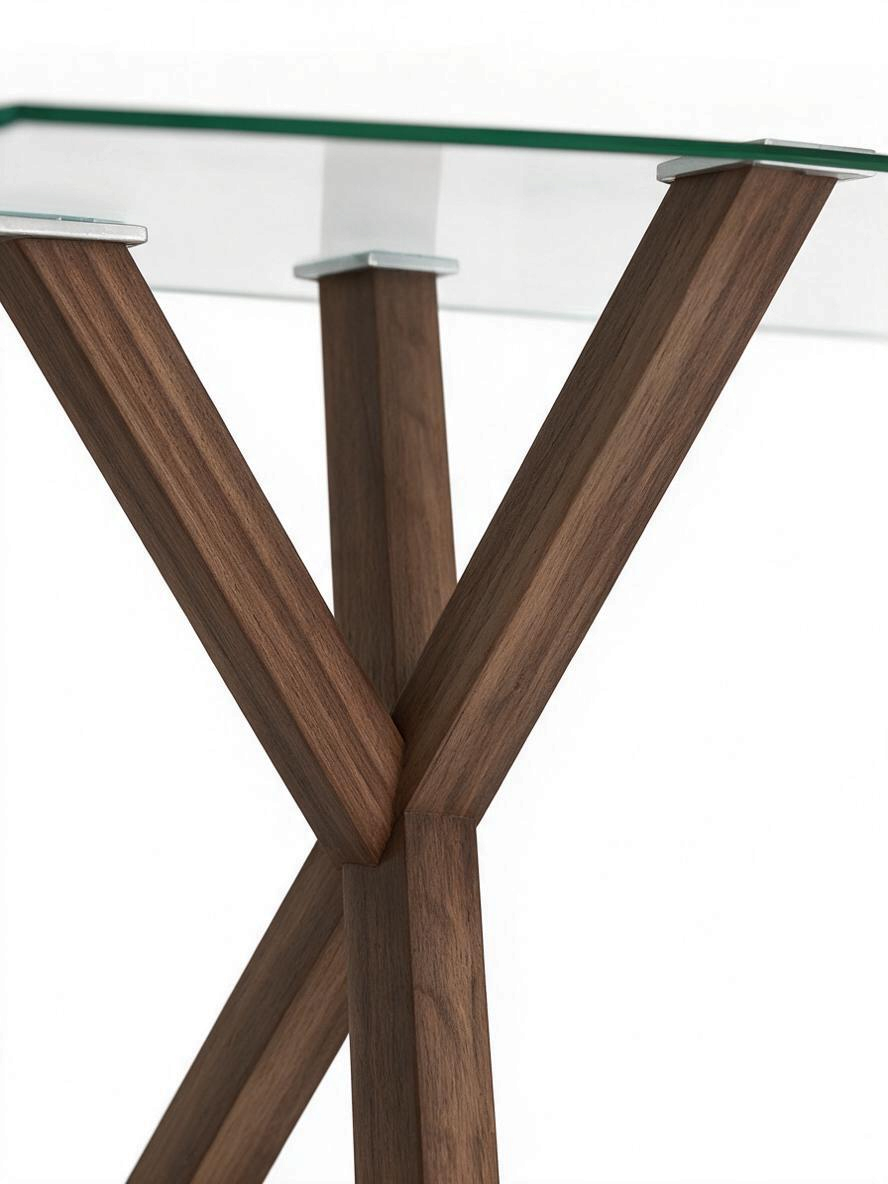 Détail de la base géométrique en métal fini noyer de la table de salle à manger Elina par TOCO Meubles