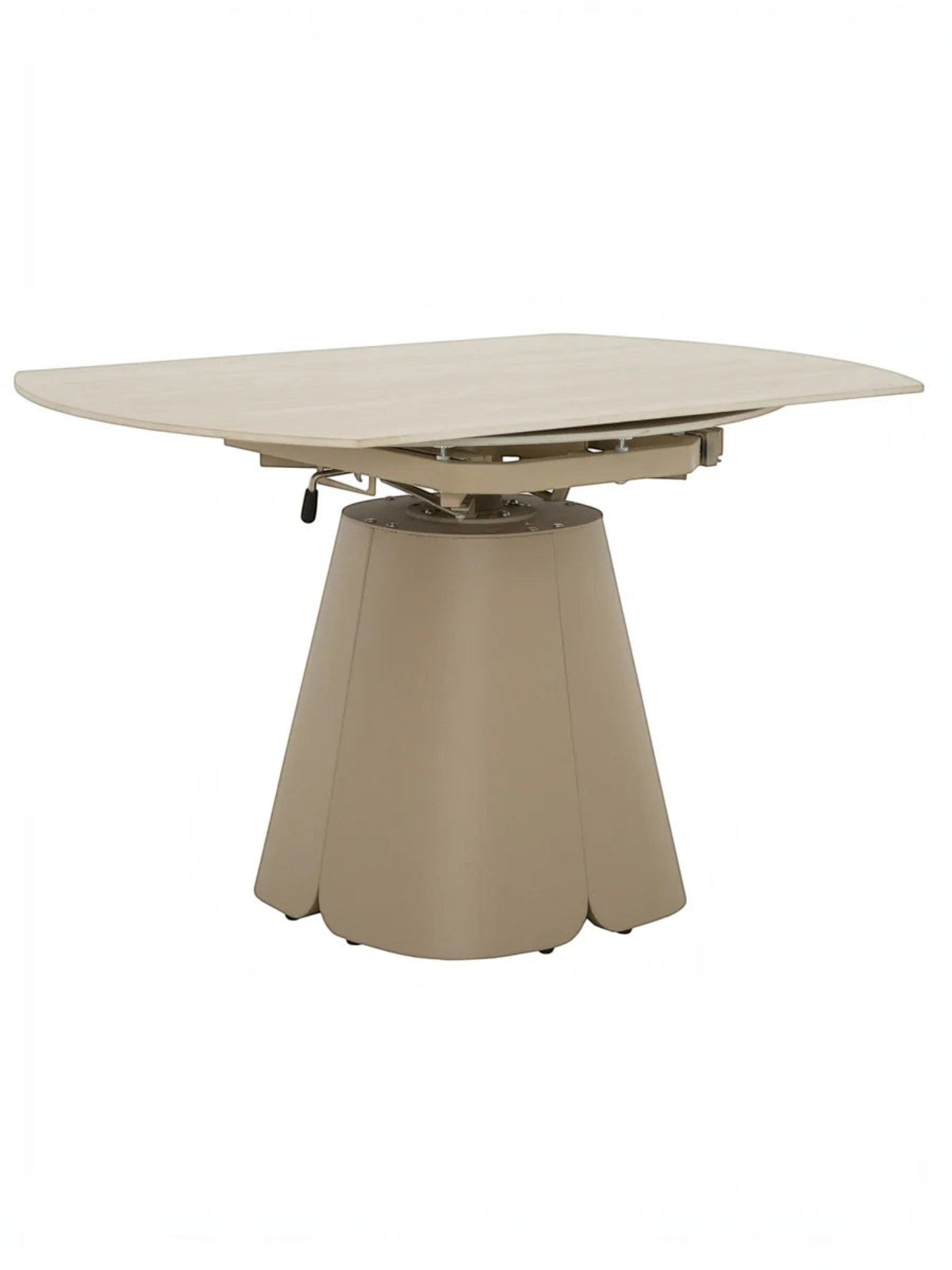 Table de salle à manger extensible Élise TOCO Meubles avec plateau bois clair et pied central beige en forme de fleur
