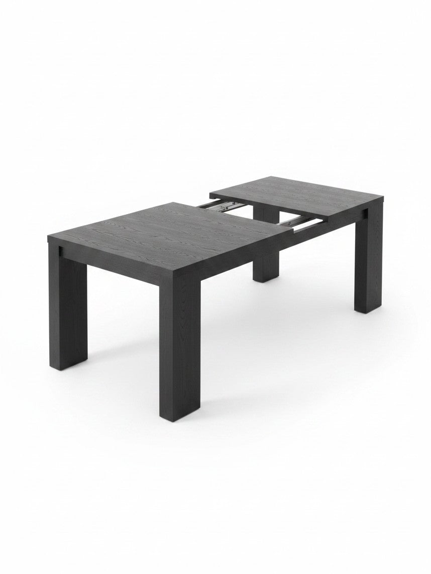 Table extensible TOCO Meubles en bois Hickory Fumé avec mécanisme télescopique visible, design contemporain noir