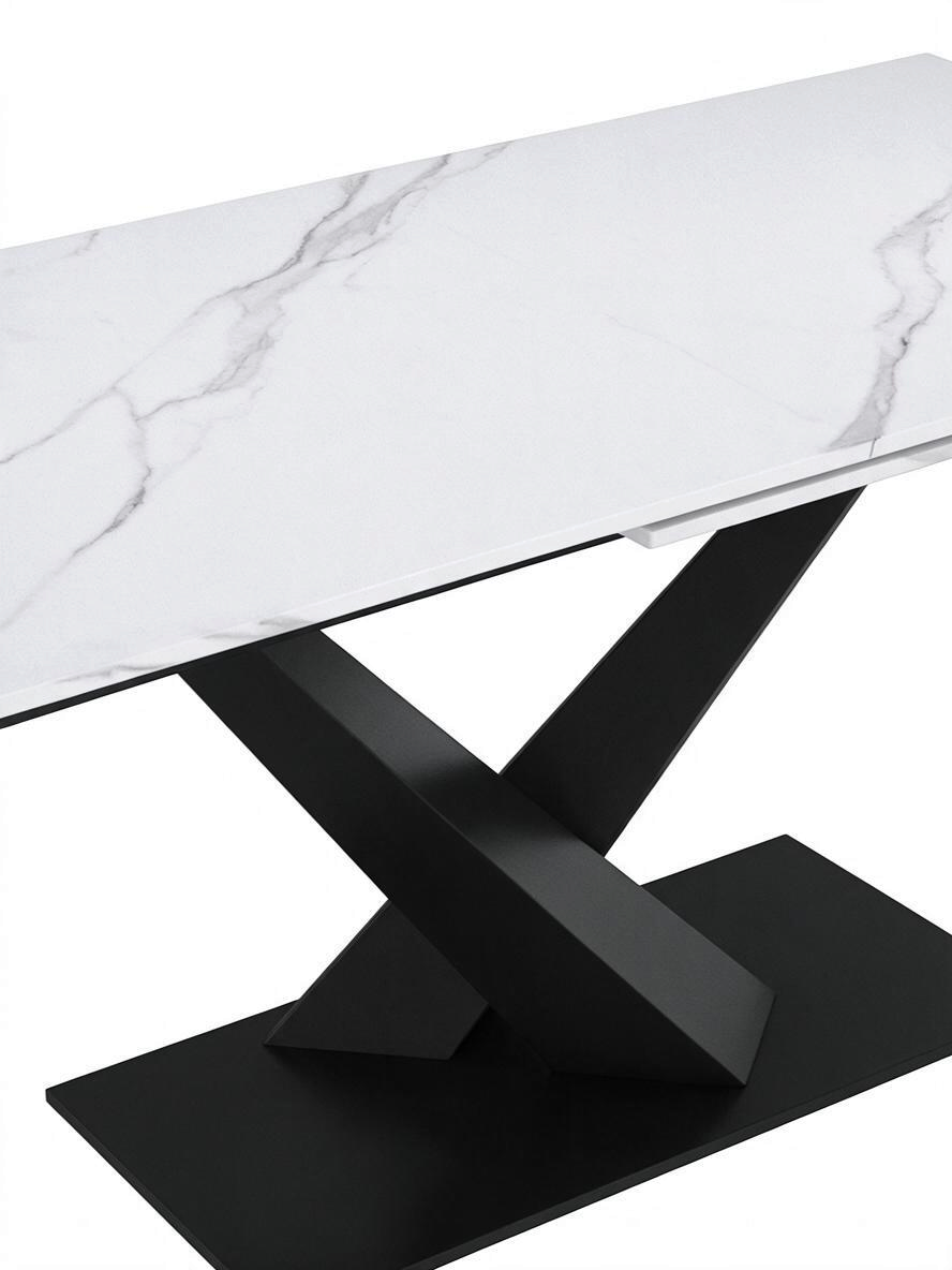 Table de salle à manger extensible TOCO Meubles Julio avec dessus en pierre frittée blanc marbré et base en métal noir