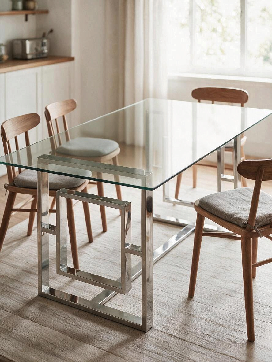 Table de salle à manger Leros TOCO Meubles avec plateau en verre trempé et base géométrique en acier argent poli