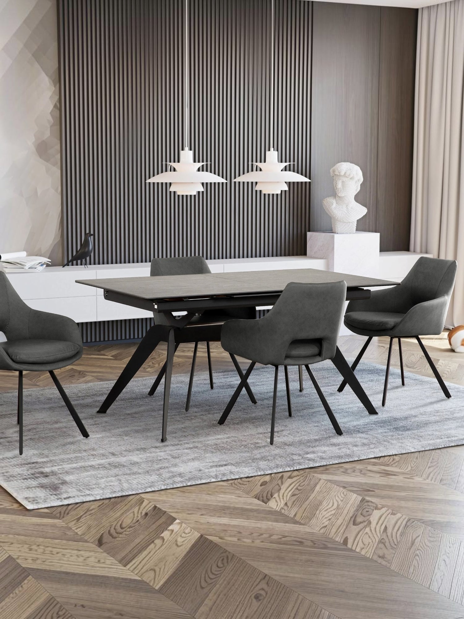 Table de salle à manger Liora TOCO Meubles en céramique grise extensible avec pieds en métal noir, 4 chaises grises assorties.