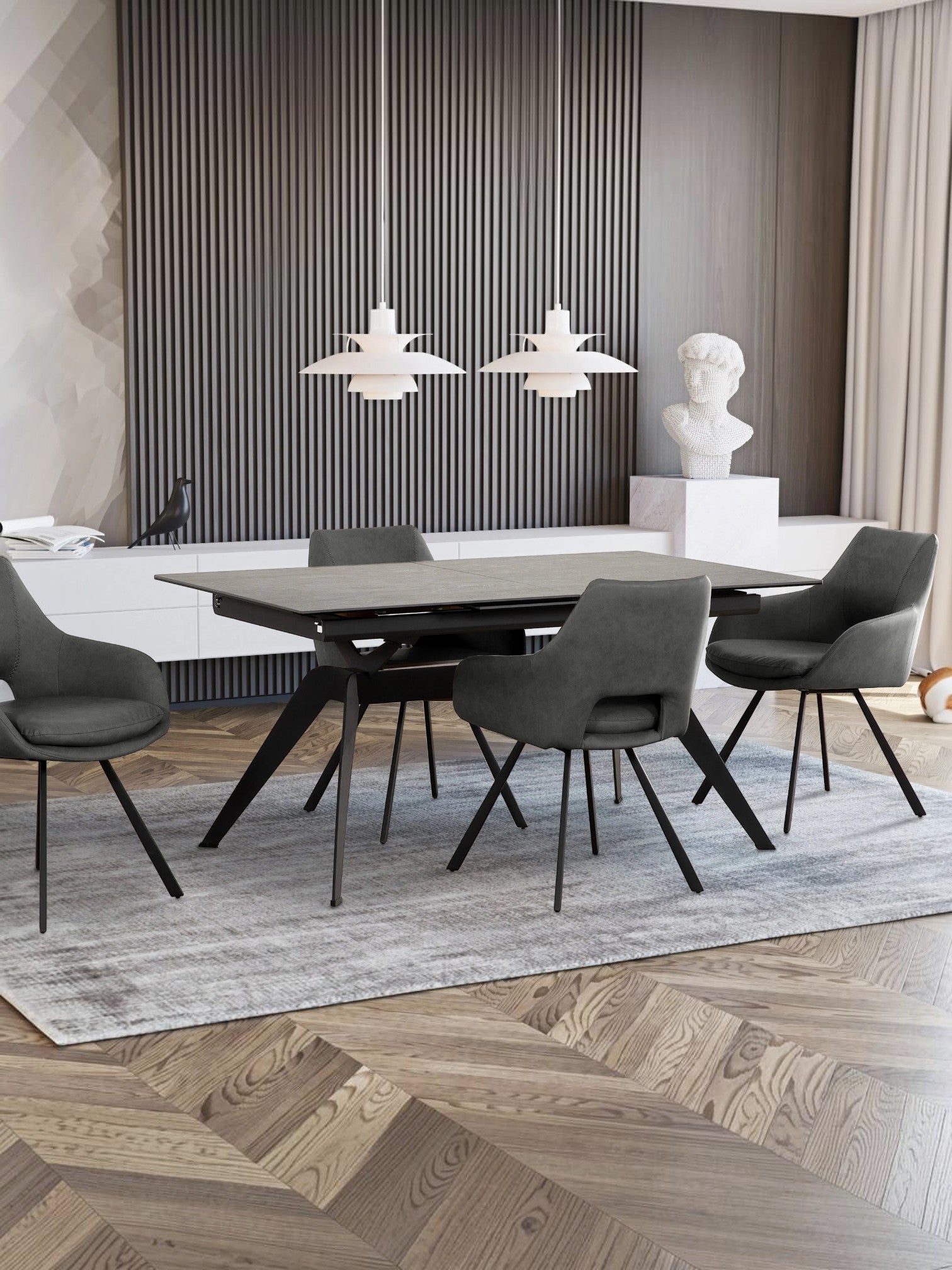 Table de salle à manger Liora TOCO Meubles en céramique grise extensible avec pieds en métal noir, 4 chaises grises assorties.