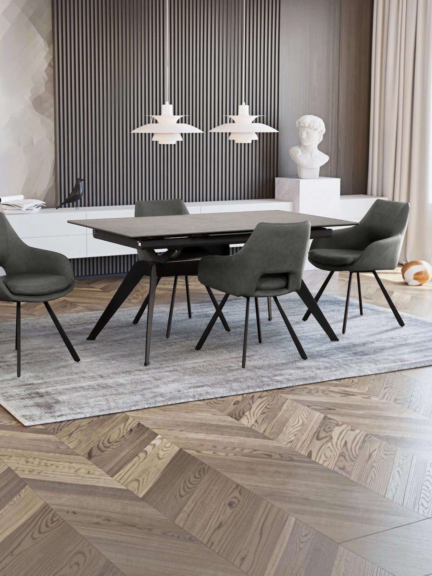 Table de salle à manger Liora TOCO Meubles en céramique grise extensible avec pieds en métal noir, 4 chaises grises assorties.